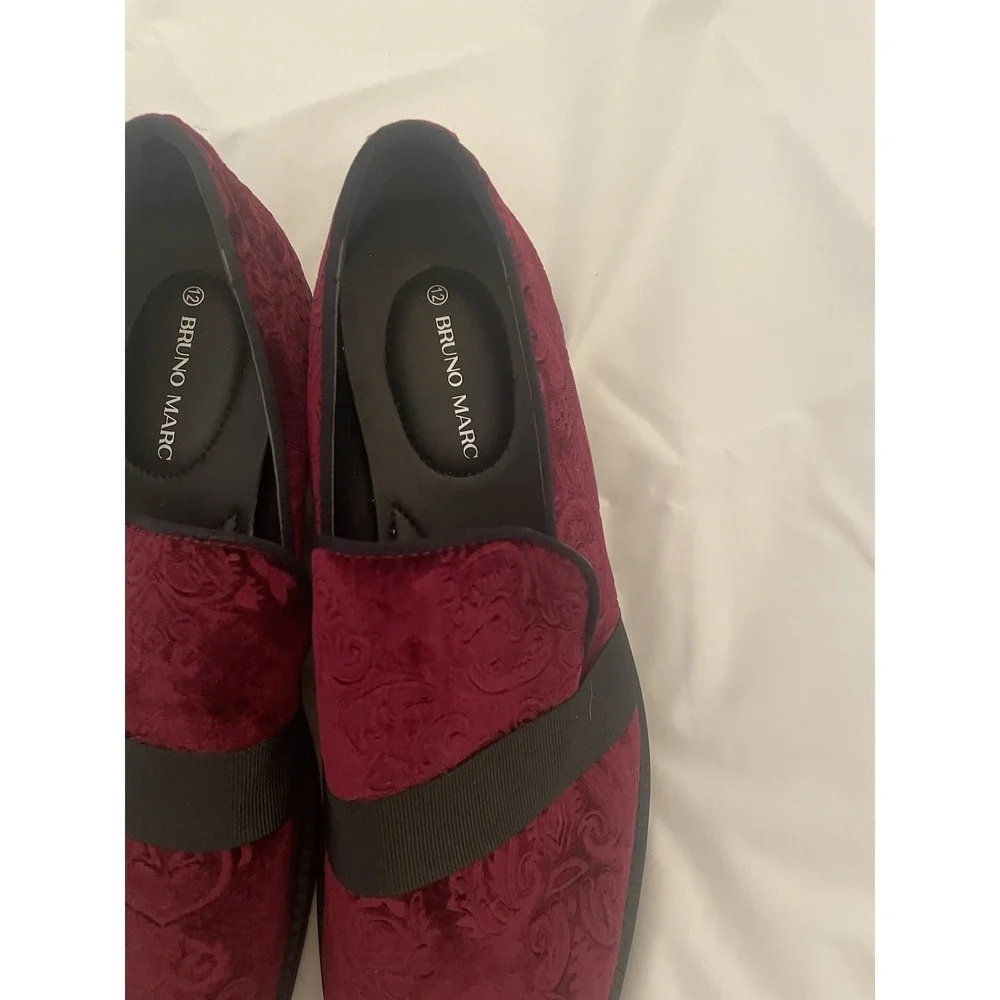 Bruno Marc Men's Dress Shoes Size 12 Red Wine Slip‎ On Tuxedo Velvet Loafers
